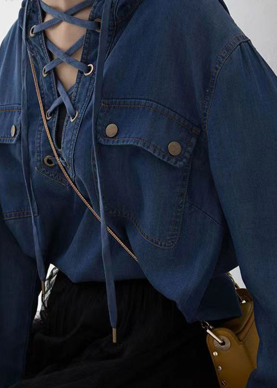 Blue Hooded Lace Up Denim Shirt Tops Long Sleeve