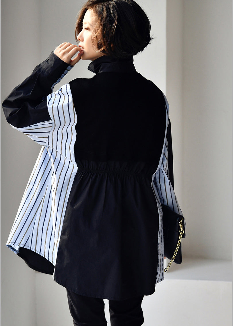 Black Peter Pan Collar Wrinkled Striped Patchwork Low High Design Button Cotton Shirt Long Sleeve