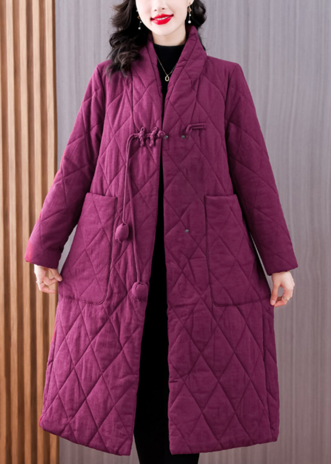 Purple V Neck Pockets Chinese Button Fine Cotton Filled Coat Winter