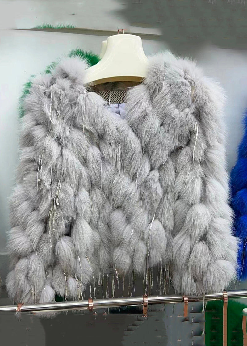 Green Tasseled Original Design Leather and Fur Coats Spring