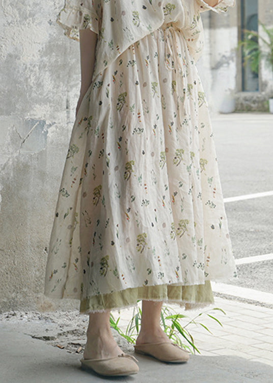 Brief White Elastic Waist Drawstring Print Linen Skirts Spring