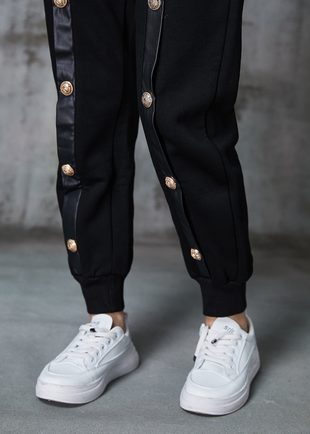 Black Metal Buttons Patchwork Warm Fleece Pants Winter