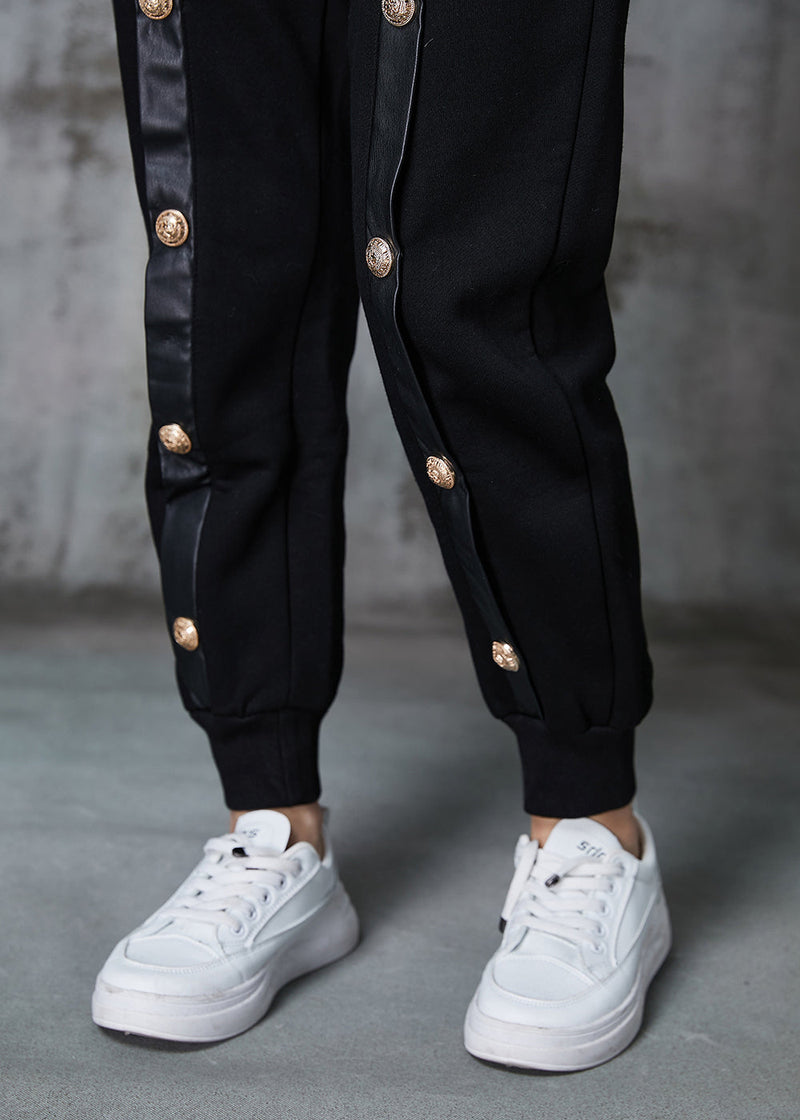 Black Metal Buttons Patchwork Warm Fleece Pants Winter