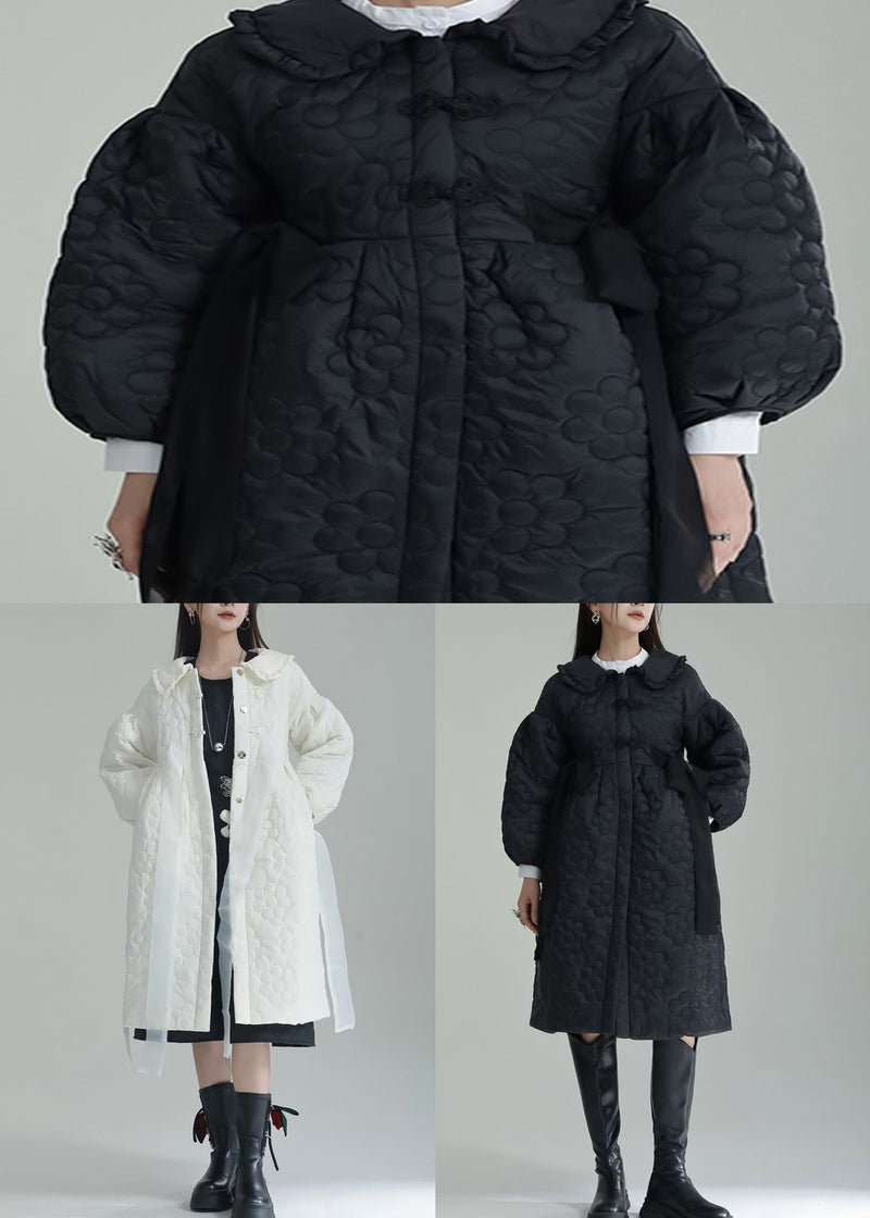 White Peter Pan Collar Pockets Fine Cotton Filled Witner Coat