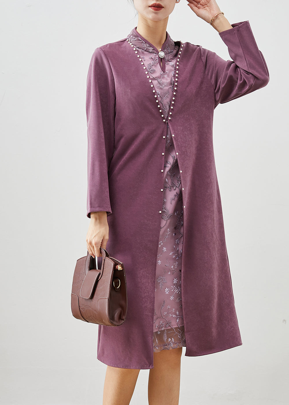 Purple Embroideried Patchwork Silk Fake Two Piece Dress Fall