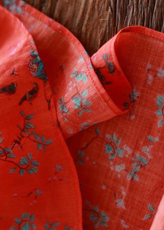 Classy Orange Print Linen O-neck Long Sleeve Summer Dress