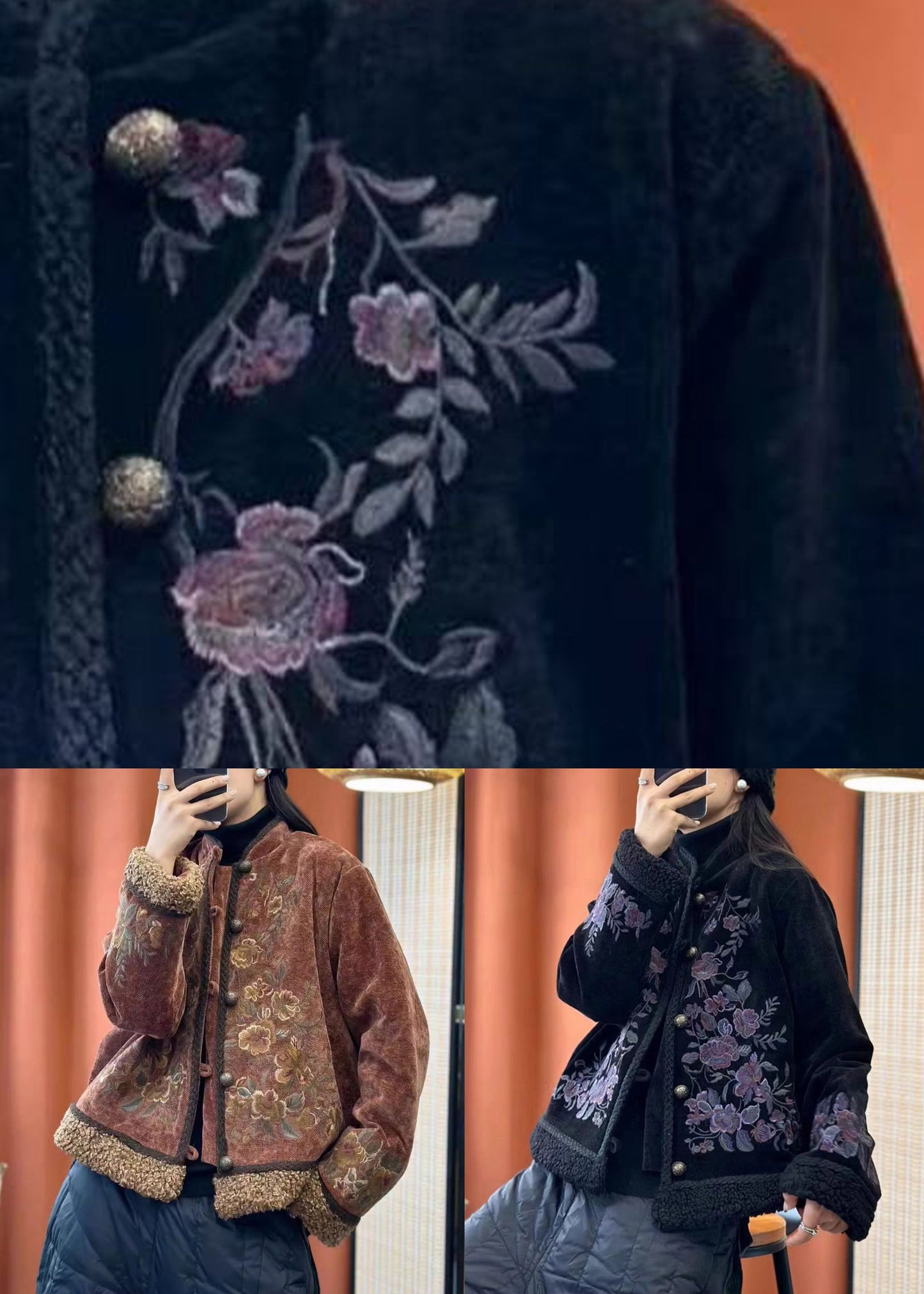 Black Embroideried Button Cotton Filled Coats Long Sleeve