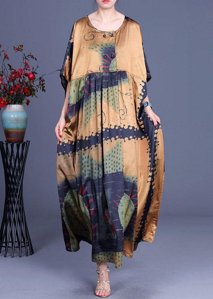 Yellow Print Cinched Summer Silk Party Dresses