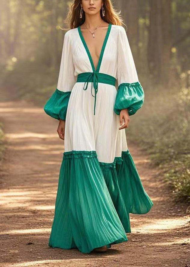 White Cinched Patchwork Cotton Maxi Dresses Lantern Sleeve