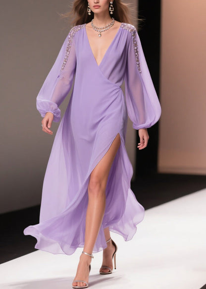 Italian Purple Wrinkled Side Open Chiffon Long Dresses Spring