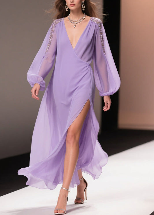 Italian Purple Wrinkled Side Open Chiffon Long Dresses Spring