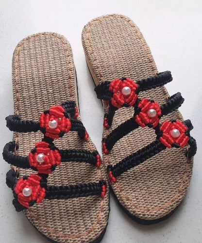 Splicing Wedge Black Knit Fabric Slide Sandals Peep Toe