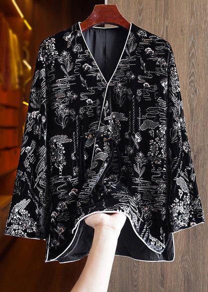 Black V Neck Jacquard Patchwork Silk Velour Coats Fall