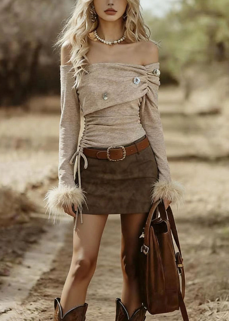 Stylish Khaki Asymmetrical Drawstring Fur Patchwork Cotton T Shirt Spring