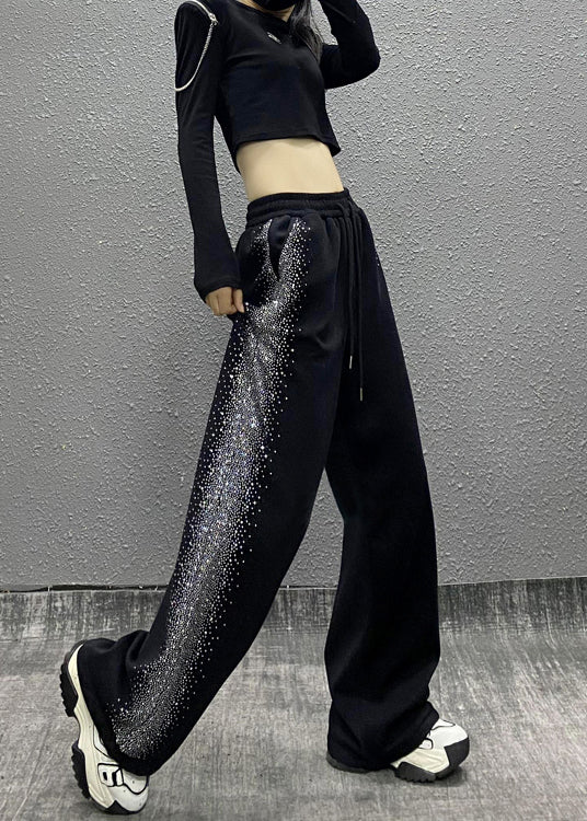 Black Pockets Zircon Elastic Waist Cotton Pants Fall