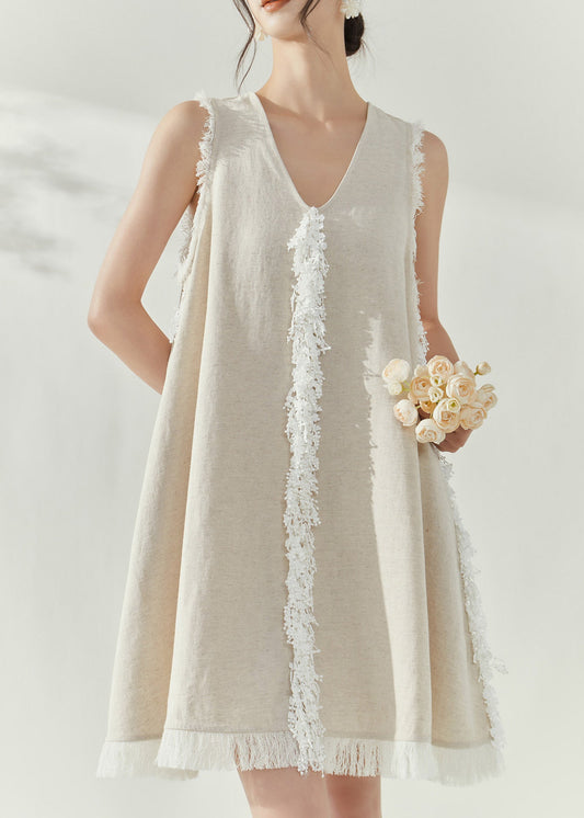 Beige V Neck Tassel Vacation Mid Dresses Sleeveless