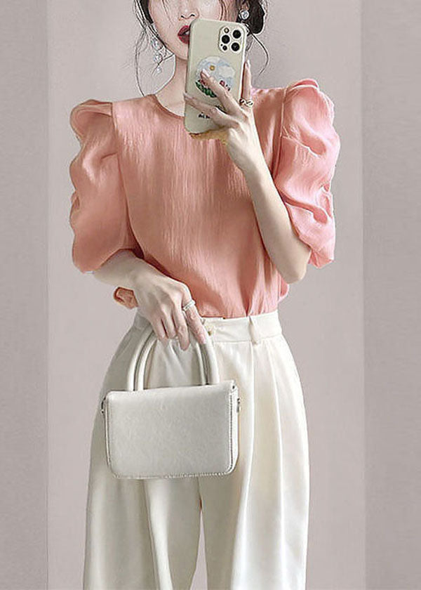 Modern Pink O-neck Silk Blouse Top Puff Sleeve