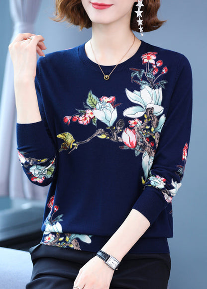 Black Print Woolen Knit Tops O Neck Spring