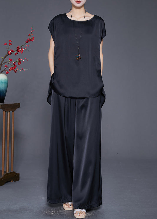 Black Oversized Draping Ice Silk Two Pieces Set Sleeveless