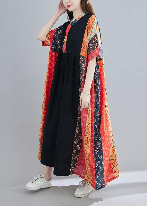 Diy Red Print Tunic V Neck Patchwork Spring Dresses