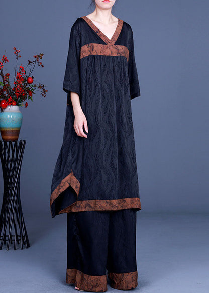 Diy Black Asymmetrical Patchwork Silk Two Pieces Set Half Sleeve