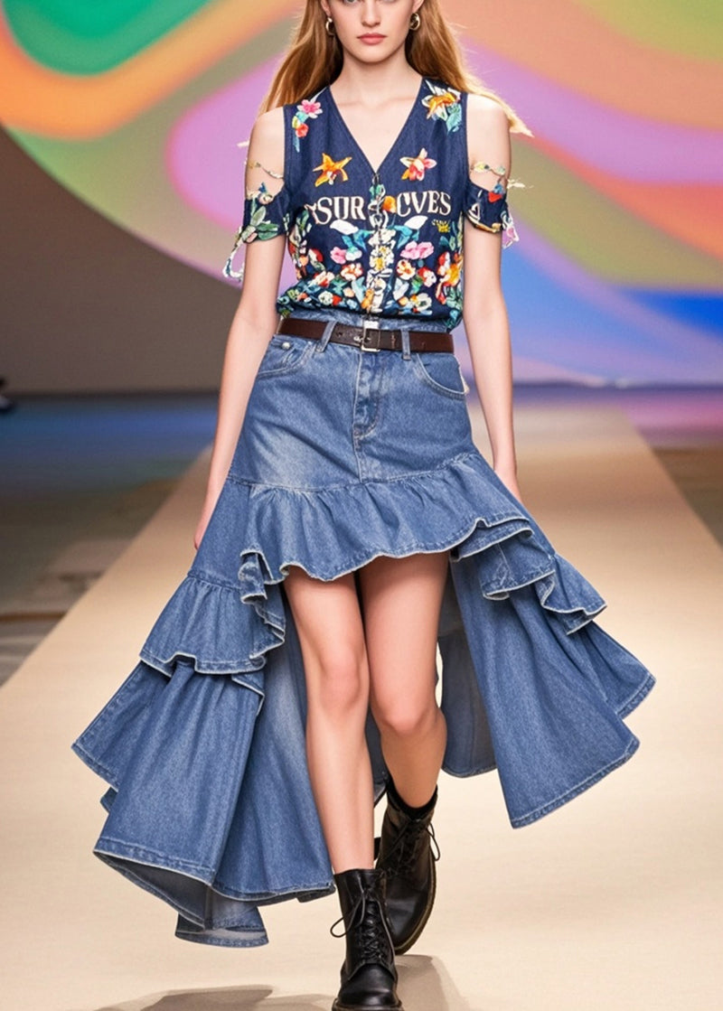 Blue Ruffles Low High Design Denim Holiday Skirts Spring