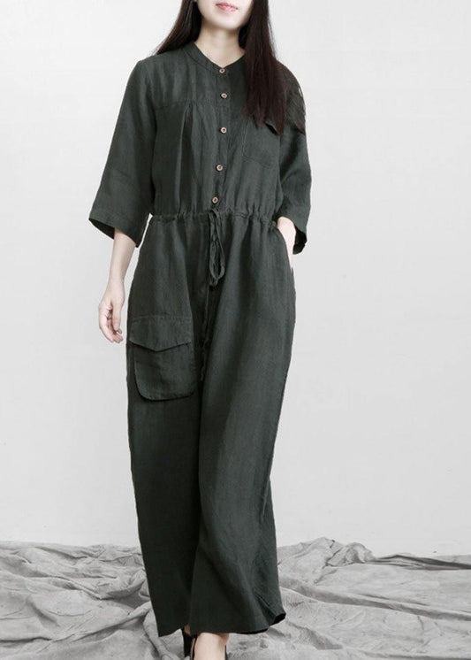 Fitted Tea Green Button Drawstring Fall Linen Jumpsuit Pants