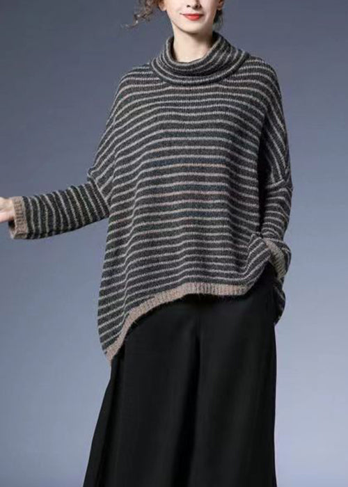 Striped Low High Design Cotton Knit Sweaters Batwing Sleeve