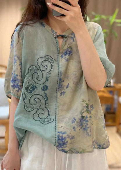 Blue Embroideried Print Patchwork Linen Tops Half Sleeve
