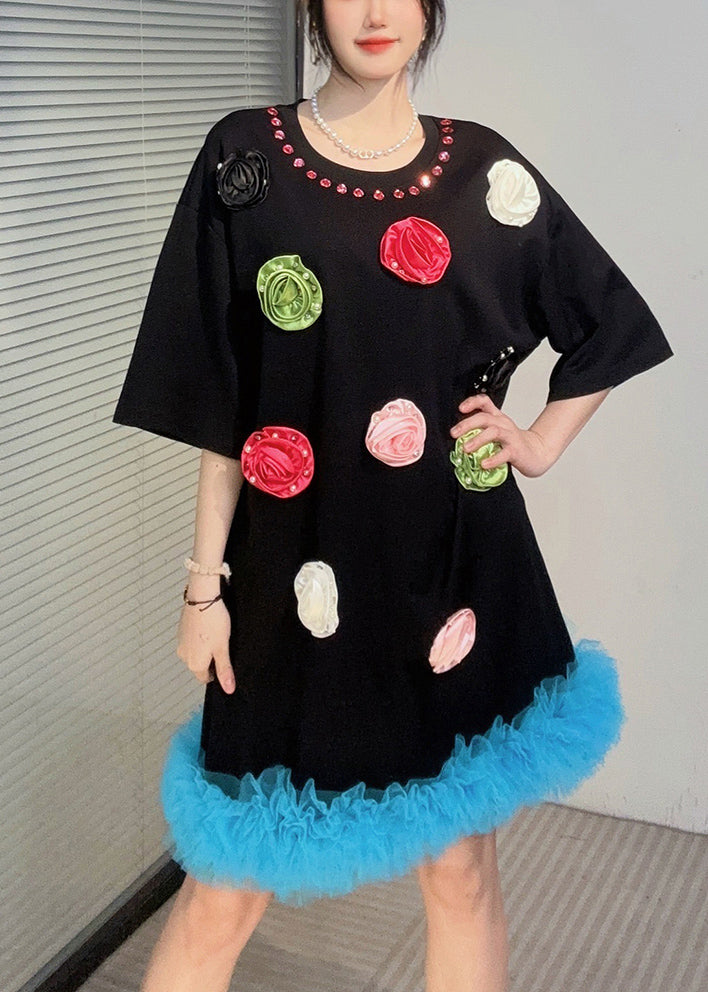 Black Patchwork Cotton T Shirts Dress Ruffled Summer