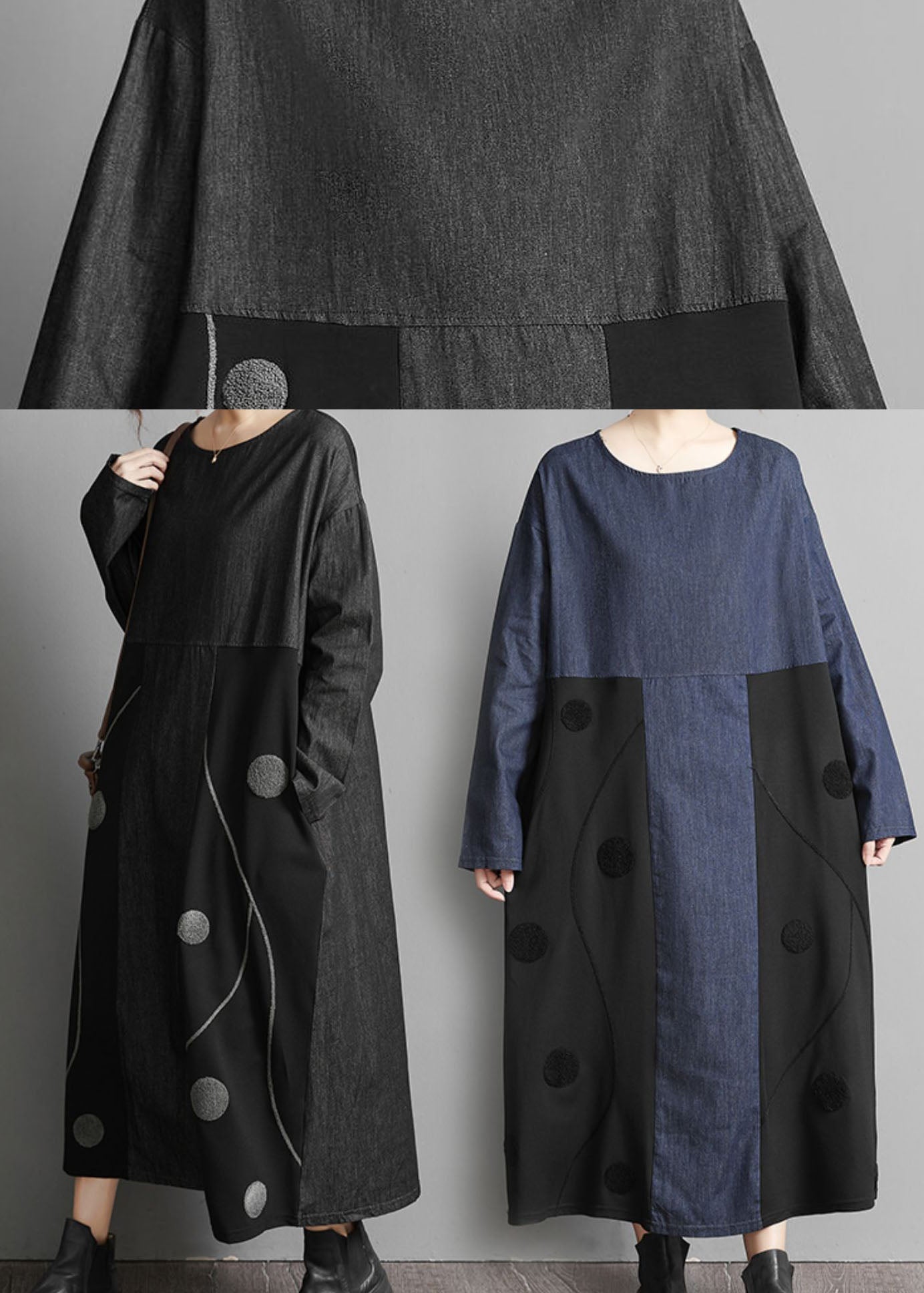 Black Pockets Patchwork Denim Maxi Dresses Embroideried Spring