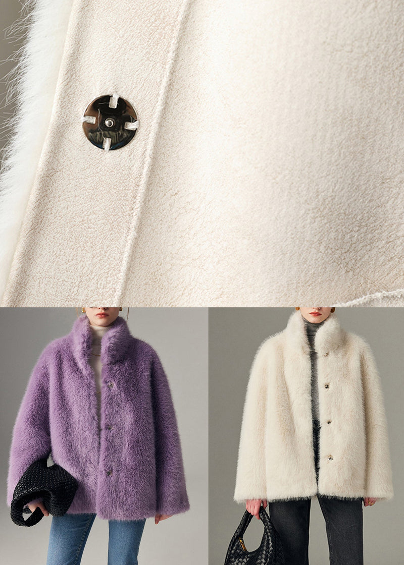 Purple Button Pockets Leather and Fur Winter Coats Stand Collar