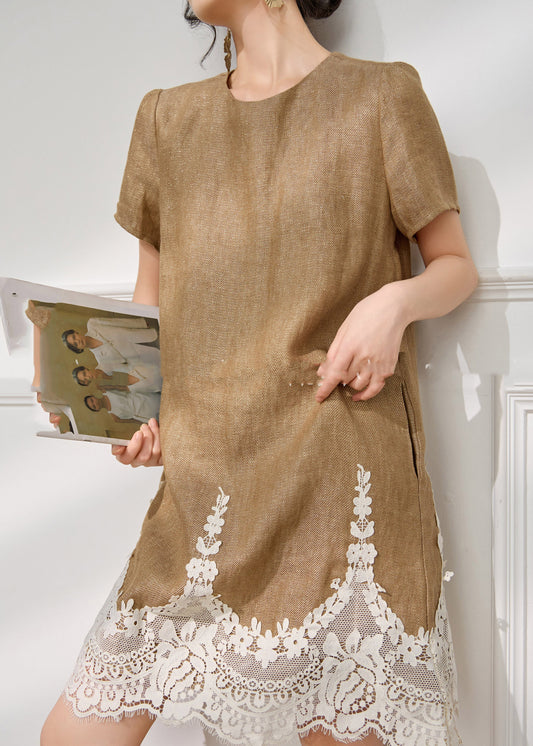 Loose Coffee O-neck Lace Patchwork Mid Dress Short Sleeve