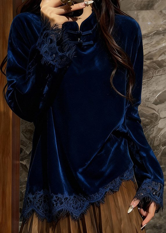 Peacock Blue Mandarin Collar Patchwork Lace Silk Velour Top Spring