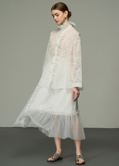 White Ruffled Jacquard Patchwork Silk Shirts Tops Long Sleeve