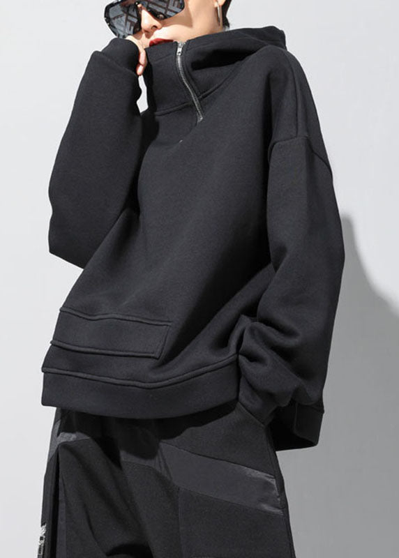 Black Hooded Zippered Asymmetrical Design Fall Sweatshirts Top
