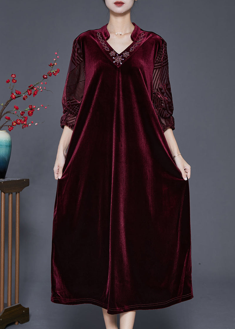 Natural Mulberry V Neck Silk Velour Maxi Dresses Fall