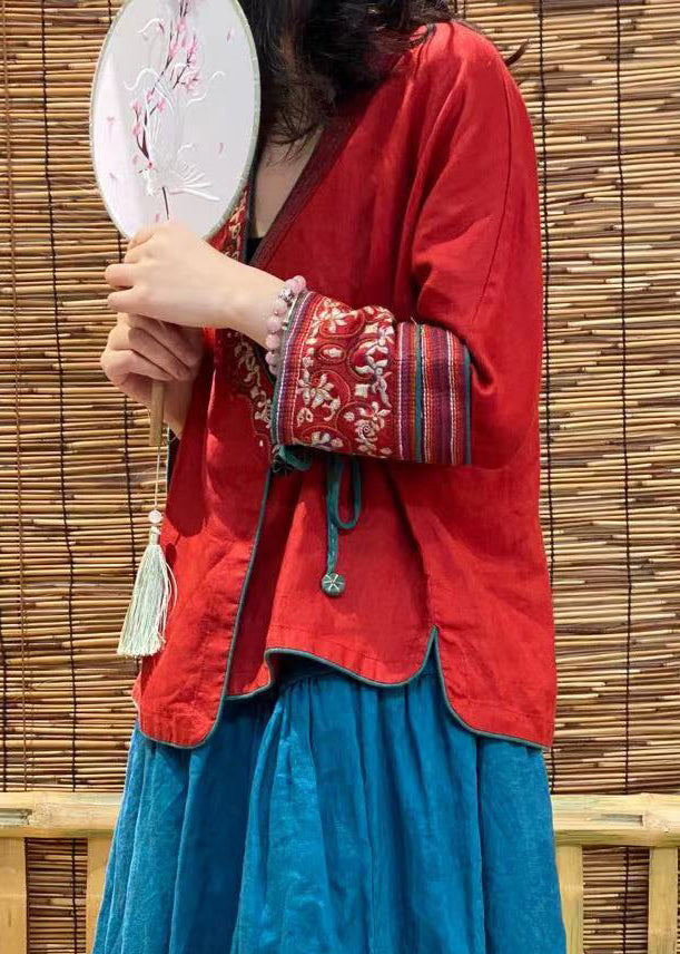 Red Embroideried Tie Waist Linen Top Long Sleeve