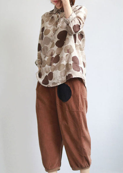 Boutique Khaki Peter Pan Collar Chocolate Dot Print Linen Shirt Tops Long Sleeve