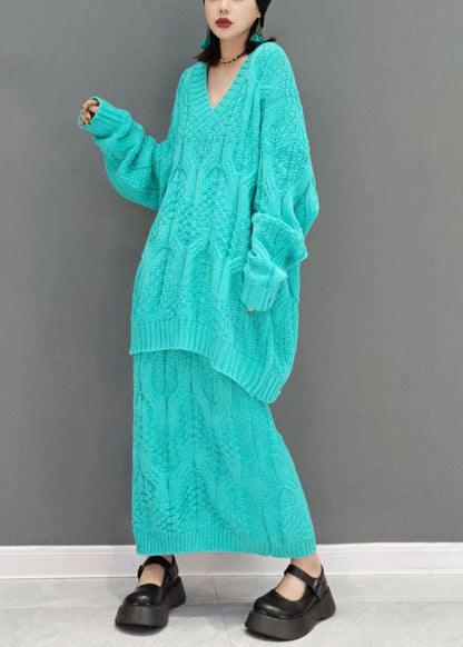 Unique Blue V Neck Cable Knit Tops a Line Skirts Two-piece Set Spring