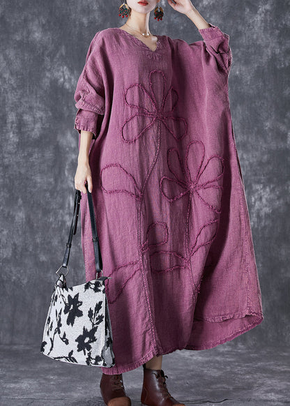 Organic Purple Embroideried Linen Maxi Dresses Fall