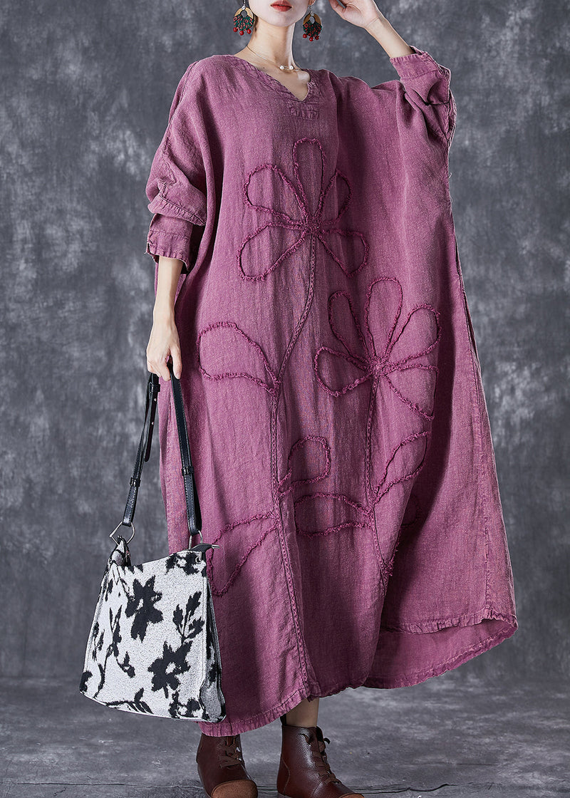 Organic Purple Embroideried Linen Maxi Dresses Fall