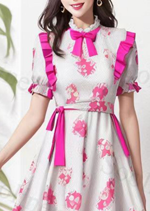 Beige Stand Collar Bow Ruffled Print Tie Waist Silk Long Dresses Summer