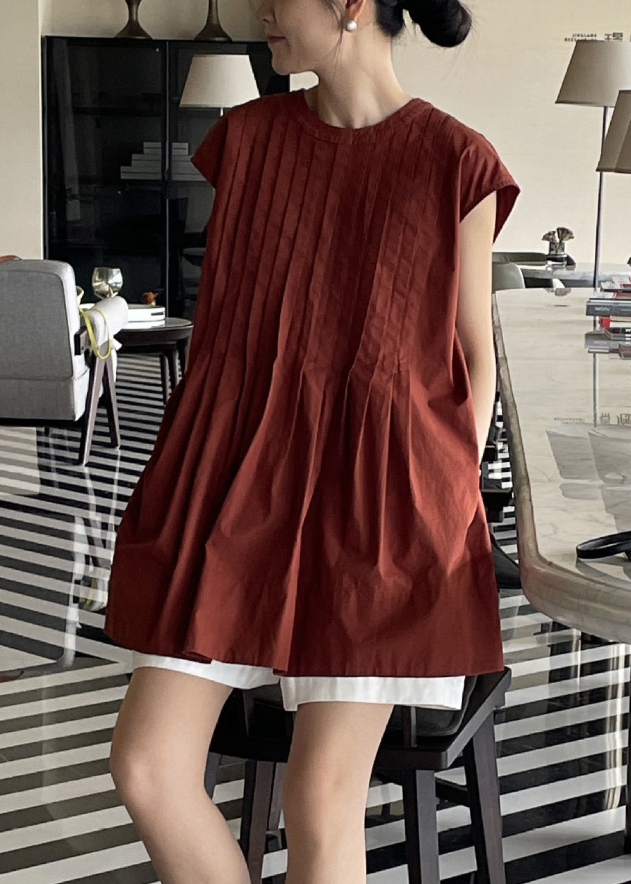 Terracotta Comfortable Fabric Pleated Shirt Sleeveless