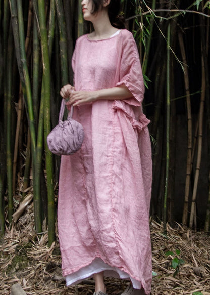 Loose Pink Ruffled Linen Two Pieces Set Summer