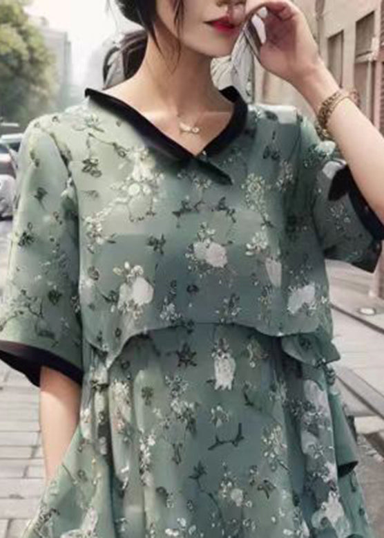 Slim Fit Green V Neck Patchwork Print Silk Maxi Pleated Dresses Summer