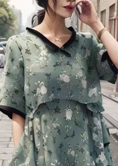 Slim Fit Green V Neck Patchwork Print Silk Maxi Pleated Dresses Summer