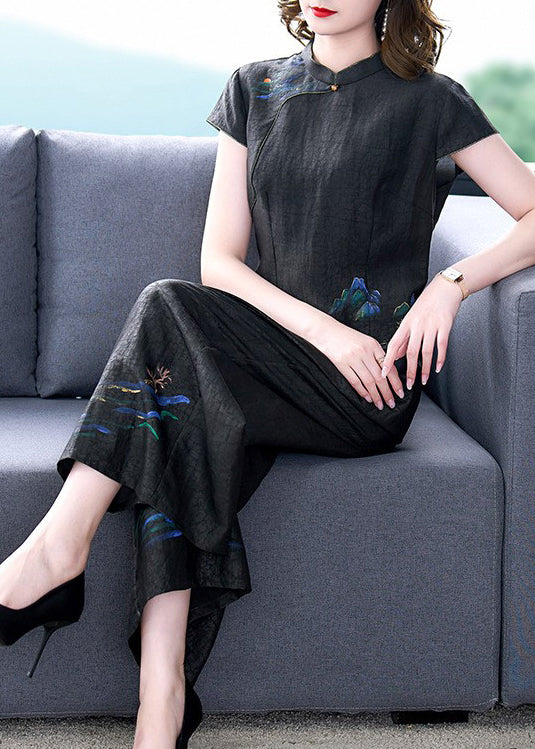 Boutique Black Print Tops and Pants Silk Two Pieces Set Spring