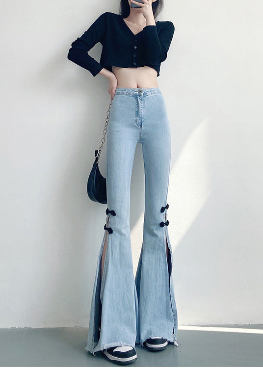 Diy Light Blue Chinese Button Side Open Denim Flare Bottoms Spring
