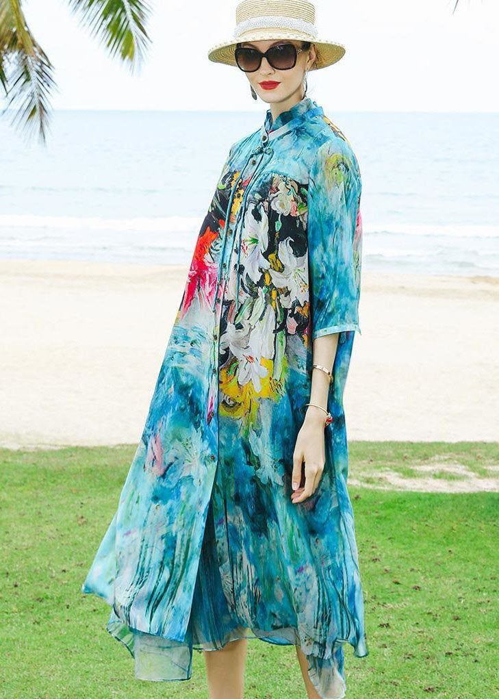 Blue O-neck Tasseled Print Silk Two Piece Set Outfits Summer